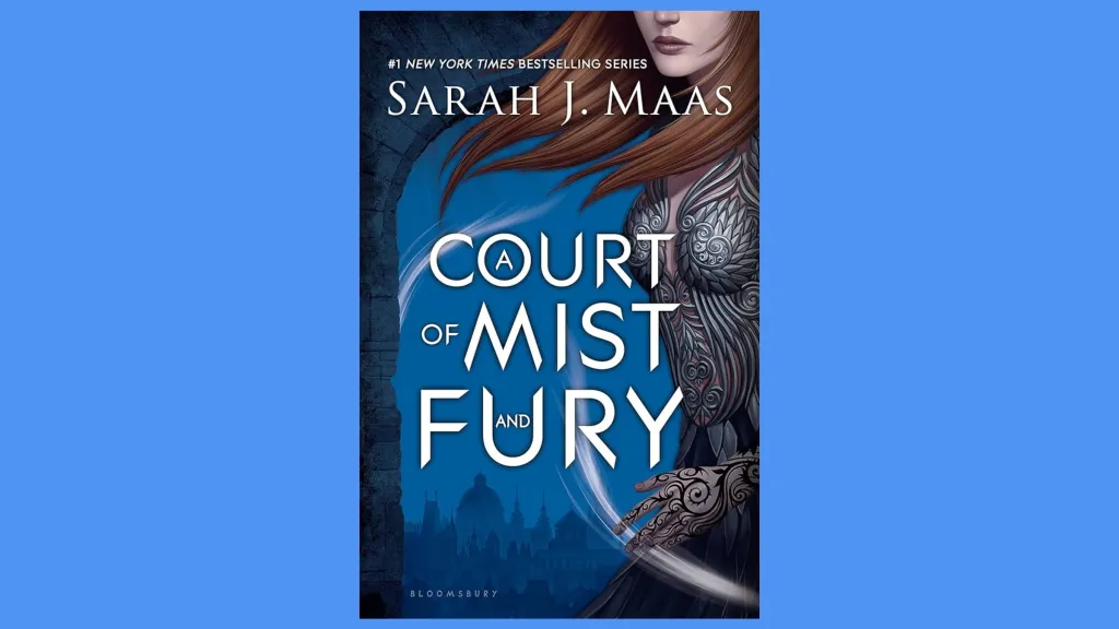 The cover of A Court of Mist & Fury against a blue background