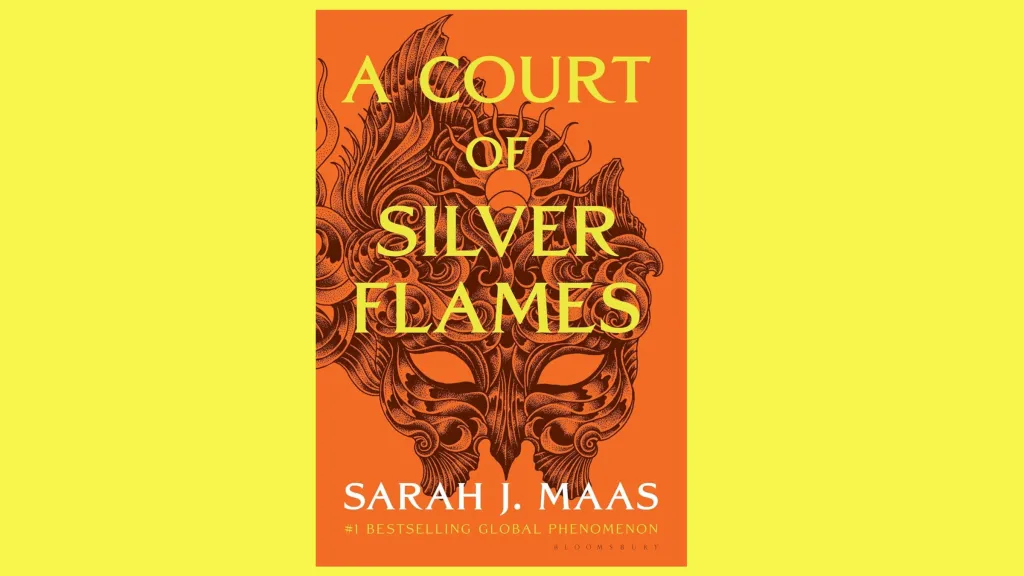 The cover of A Court of Silver Flames against a yellow background
