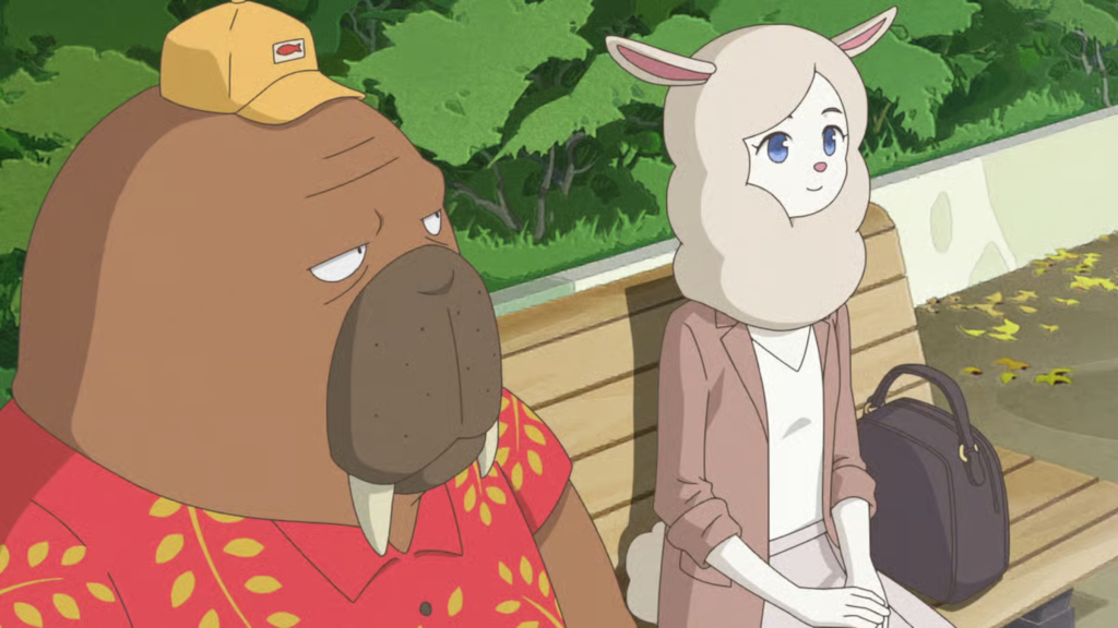 Odokawa dan Shirakawa duduk di bangku di Odd Taxi