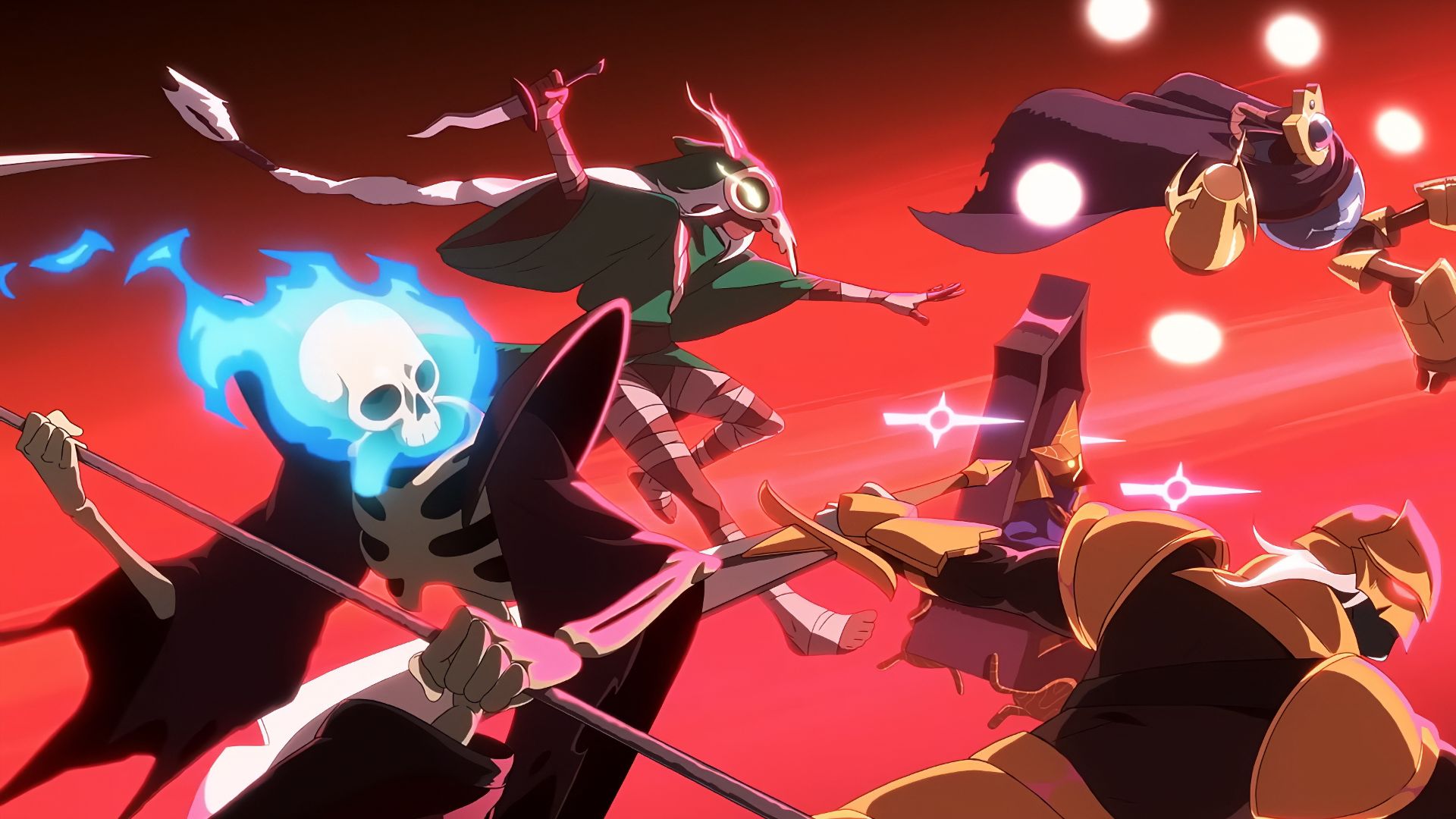 Karakter yang dapat dimainkan dalam Slay the Spire 2 melompat untuk menyerang, gambar aksi dengan latar belakang merah.