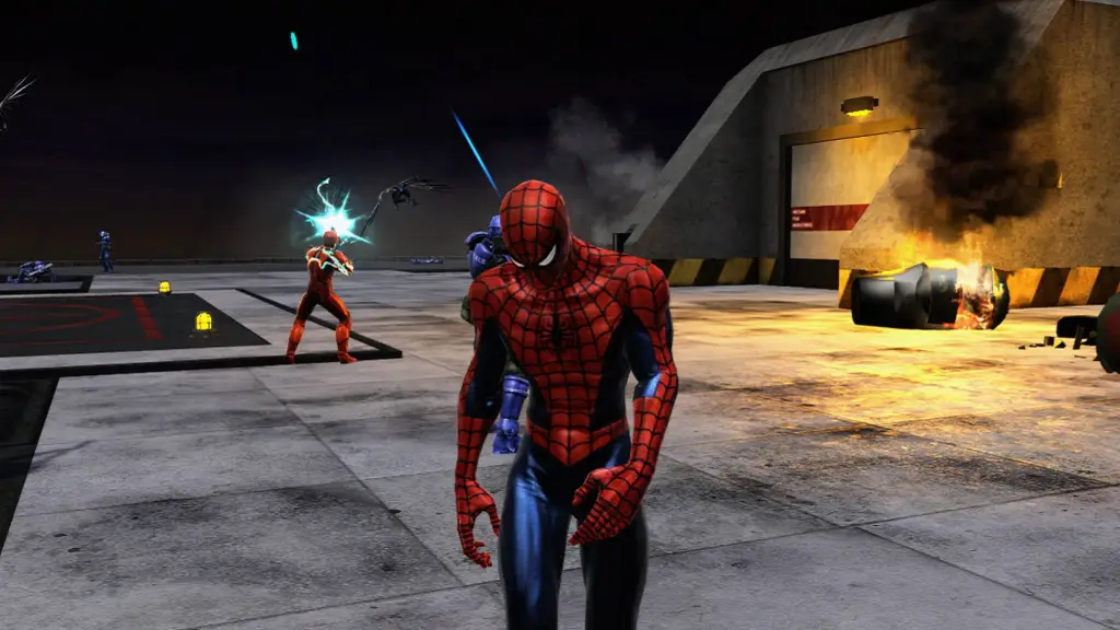 Spider-Man berjalan di atap dengan ekspresi sedih dalam Spider-Man Web of Shadows.
