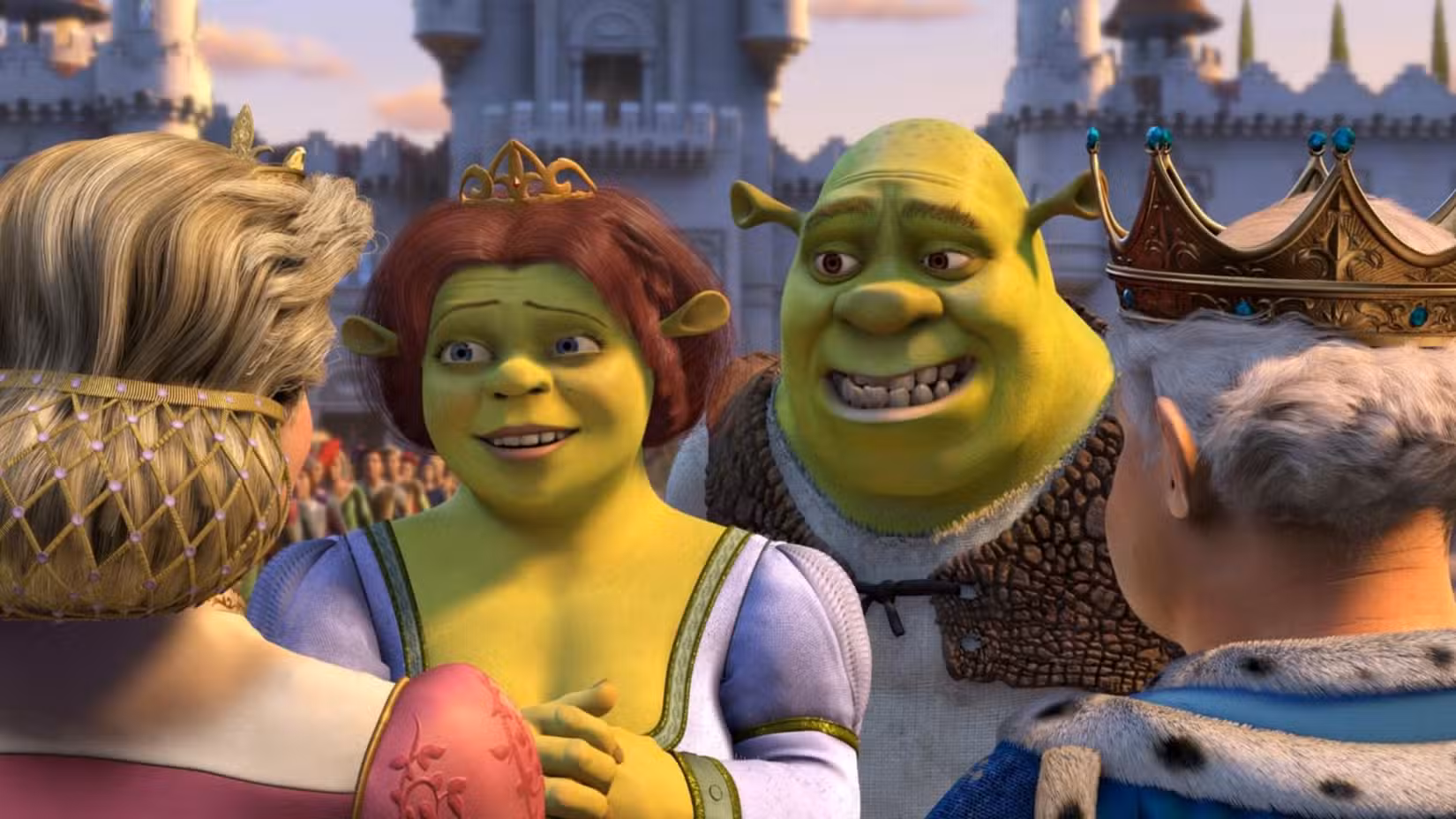 Shrek and Fiona smile awkwardly while meeting her parents in Shrek 2