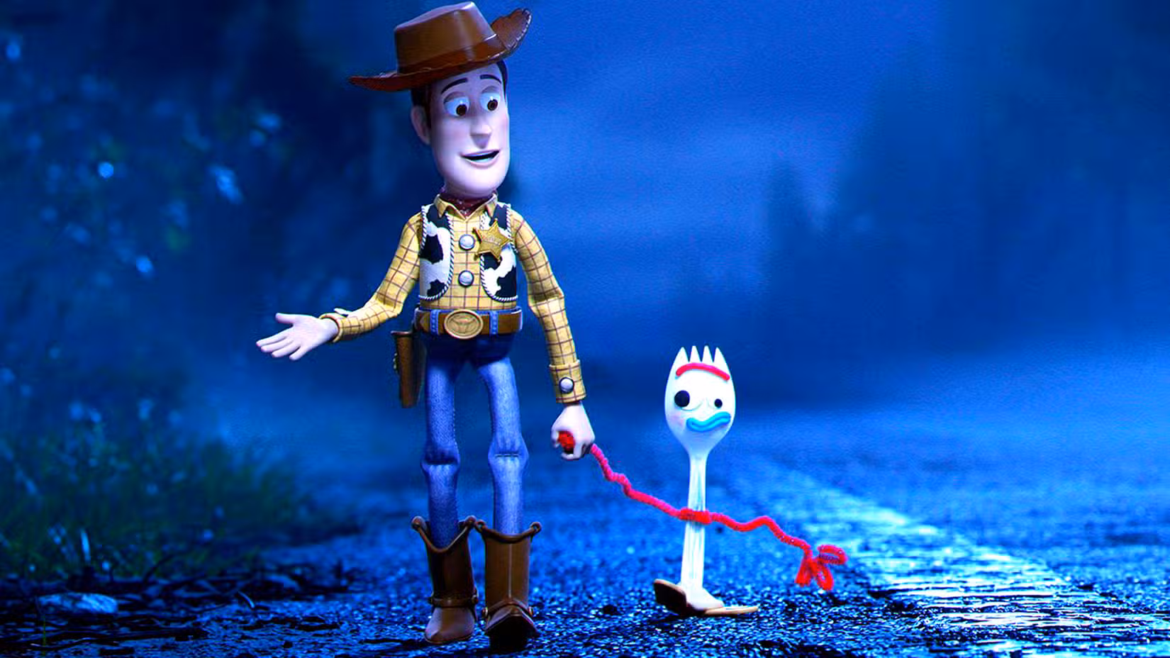 Woody and Forky walking hand in hand in Toy Story 4