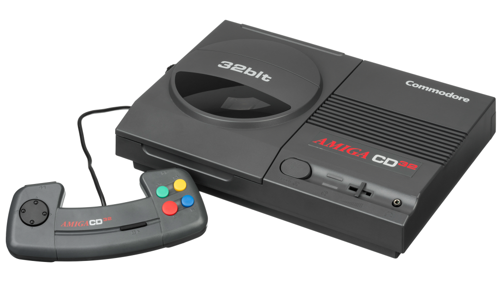 Sistem Amiga CD32 dengan controller yang terpasang.