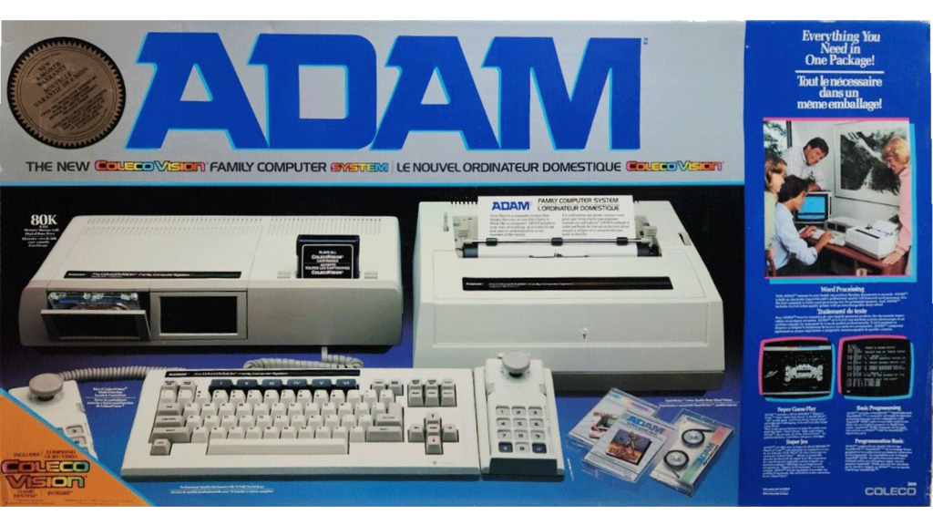Kotak ritel Coleco Adam menunjukkan semua komponennya.