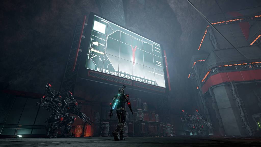 The player walking near a giant screen and mechs in Elex.