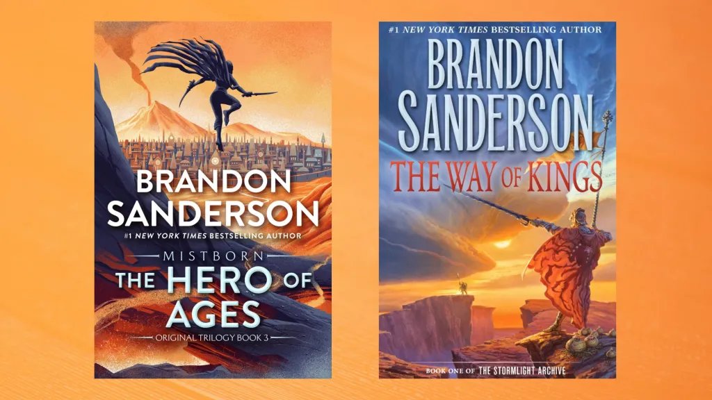 The covers of The Hero of Ages and The Way of Kings by Brandon Sanderson against an orange background