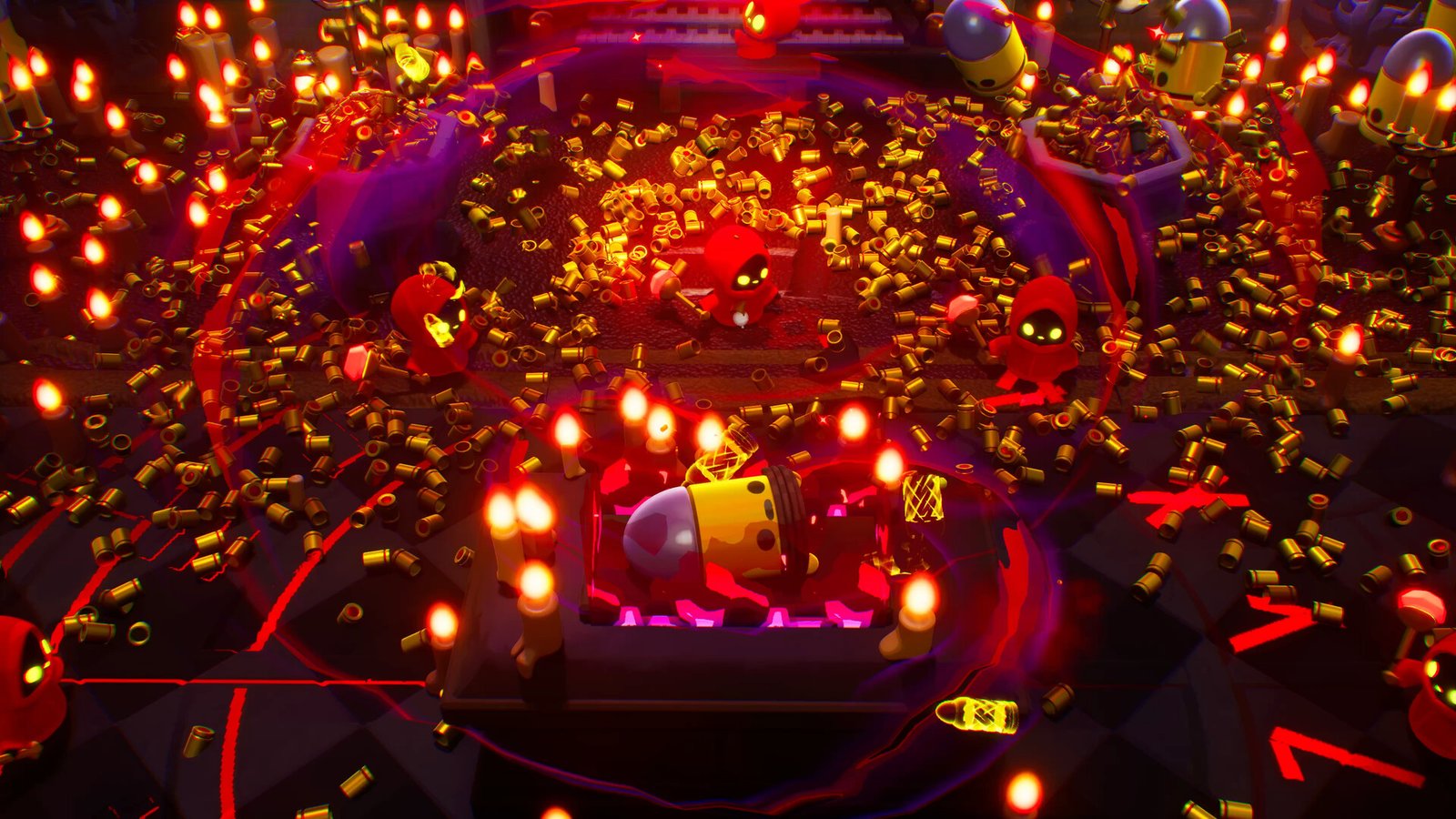 screenshot awal Enter the Gungeon 2 dengan banyak selongsong peluru di tanah dan gambar okultisme