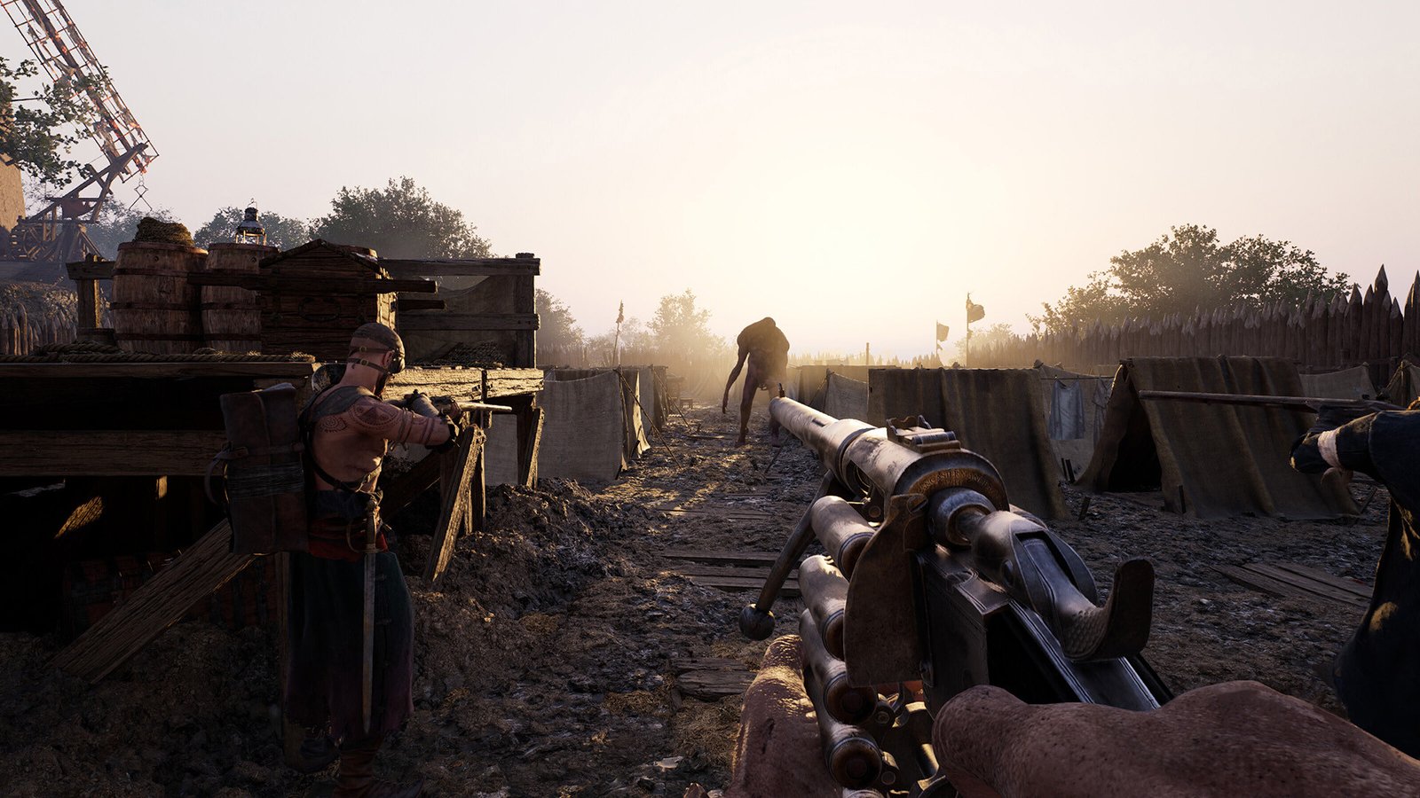 Hunger screenshot first person dengan flare matahari dan pistol kuno.
