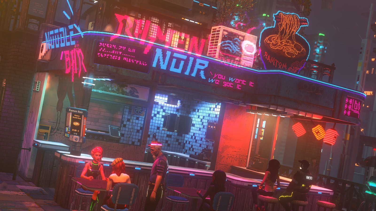 Nivalis Nights - Bar mie ramen noir dengan beberapa pelanggan menunggu untuk dilayani.