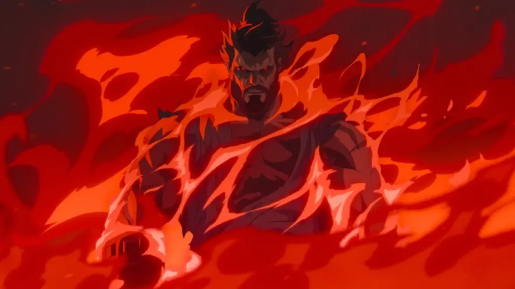 Akuma, disuarakan oleh bintang WWE Roman Reigns, muncul dari api dalam segmen animasi 2D yang terinspirasi anime dari film STREET FIGHTER.